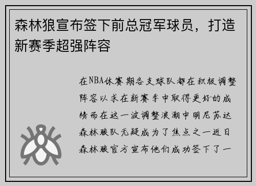 森林狼宣布签下前总冠军球员，打造新赛季超强阵容