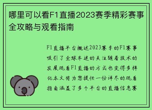 哪里可以看F1直播2023赛季精彩赛事全攻略与观看指南